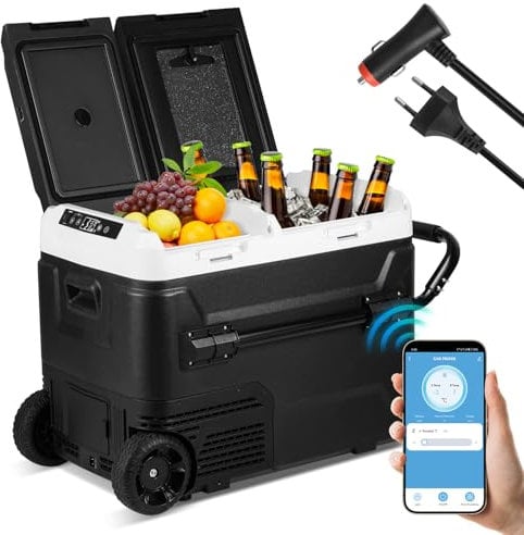 Hebitod Kompressor Kühlbox 50L, Elektrisch Gefrierbox Zwei Zonen und Doppeltüren, Kühlbox 12 V/24 V bis -20 °C mit Bluetooth-Steuerung, Anti-Shake, Tragbar, für Camping, Reisemobil