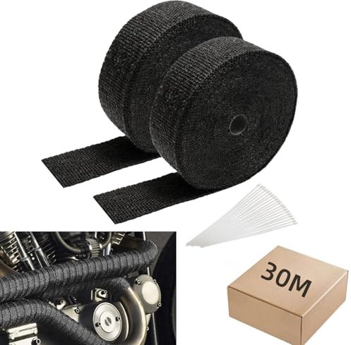 Fiqops 30M x 5CM Hitzeschutzband Auspuff Dichtband mit 10Pcs Edelstahl Kabelbinder Auspuffband Hitzebeständig bis 600°C Hitzeband für Motorrad Auto Fächerkrümmer,Schallschutz und feuerfest