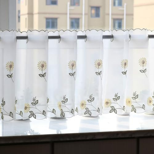 A.Monamour Gardine Scheibengardinen Kurzstores Gelber Voile Landhausstil Cafe Voile Netz Gänseblümchen Blumen Stickerei Halb Durchsichtiges Ösentop Kurzgardinen Küche Cafe Kurz Vorhang Bistrogardine