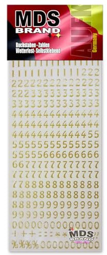 MDS Brand 8mm Zahlen Aufkleber Gold 0-9, Schriftgröße ca. 8 mm, selbstklebend, wetterfest, klein, Nummer Ziffer Klebezahlen Sticker Hausnummern aus Folie zum Aufkleben (1, Zahlen-Gold)