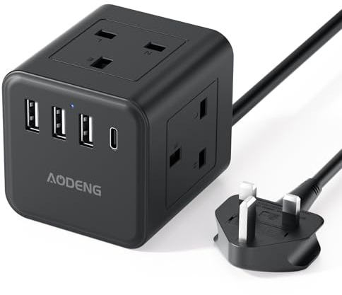 Extension Lead with 4 USB Slots, 4 Way (13A/3250W) Multi Plug Extension Cable, UK Desktop Power Extension Cord with Multi Socket, 1.5M Extension Cable (black, 5M)