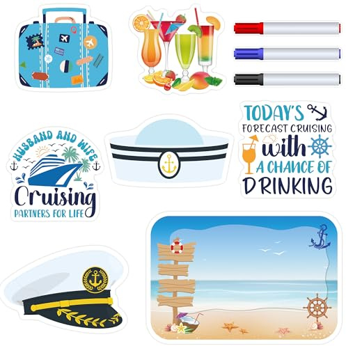 Couple Cruise Door Magnets Decorations - 7 Pcs Couple Ship Door Magnets Navy Hat Drink Suitcase Words Magnet Stickers With 3 Pens For Anniverasry Carnival Cabin Refrigerator Decor