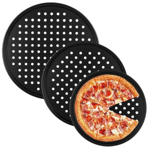 yeeplant 3 bandejas antiadherentes para hornear pizza con agujeros, bandejas perforadas de acero al carbono, 9.6 pulgadas, 11 pulgadas, 12.6 pulgadas para hornear en horno
