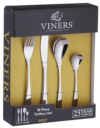 Viners Sicily 16 Piece Cutlery Set | Stainless Steel Flatware, Mirror Finish, Dishwasher Safe & Rust Resistant, Everyday Dining & Entertaining, British Heritage Brand