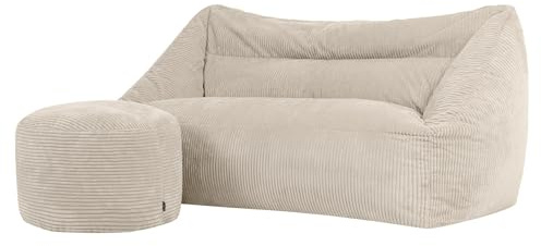 icon Cecilia Cord Bean Bag Sofa with Pouffe, Beige, Floor 2 Seater Sofa, Large Adult Bean Bag with Filling Included, Living Room, Living Room Furniture