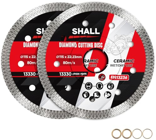 SHALL 115 mm (4.5) Diamond Cutting Discs, Super Thin X-Mesh Turbo for Angle Grinder, Porcelain & Ceramic, 22.23 mm Bore with 16 mm & 20 mm Reduction Rings, Wet & Dry Use, 2-Pack