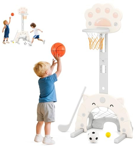 DREAMADE Basketballkorb Kinder, Basketballständer höhenverstellbar mit Fußballtor & Golfspiel, Mini Basketballkorb für Wandmontage, Indoor & Outdoor Spielgeräte für Kinder (Grau+Weiß)