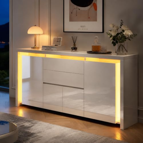 HFASD Kommode Weiß Hochglanz Mit LED Beleuchtung, Modernes Sideboard Mit 2 Schubladen Und 4 Schränken, Flurschrank Buffetschrank TV Schrank Wohnzimmerschrank Für Wohnzimmer, Schlafzimmer, Büros, Flur
