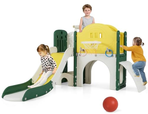 COSTWAY 9 en 1 Toboggan Enfant en HDPE avec Panier de Basket et Télescope, Aire de Jeux Intérieure avec Longue Allée et Échelle, Rangement et Accessoires pour Tout-Petits de 18 Mois+