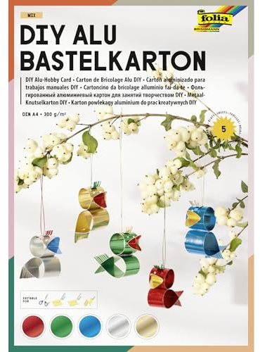folia 591 - DIY Alu Bastelkarton MIX, DIN A4, 300g/m², 5 Blatt in 5 metallisch-glänzenden Farben, DIY Karton zum Basteln, Verzieren und Dekorieren
