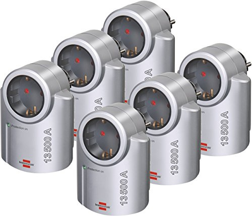 Brennenstuhl Primera-Line Lot de 6 adaptateurs de prise avec parasurtenseur (adaptateur de protection contre les foudre pour appareils électriques) Couleur : argenté/noir