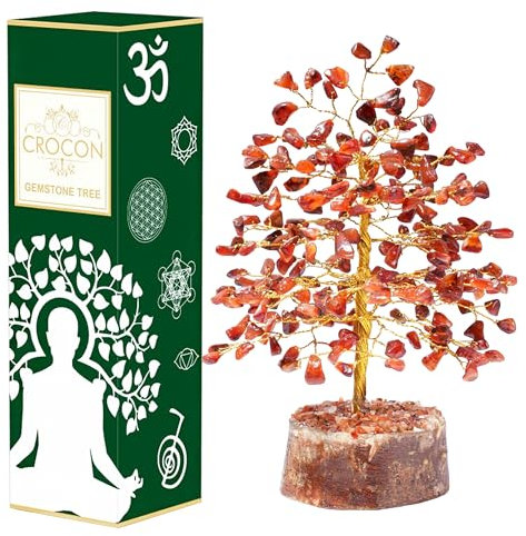 Crocon Carnelian Gemstone Money Tree | Feng Shui Bonsai | Mystical | Chakra Balancing | Reiki Crystal Healing | Handcrafted | Good Luck | Spiritual | Enhancement | Decor Size: 7-8 Inch