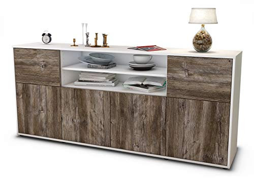Stil.Zeit Sideboard Emilia, Korpus Weiss matt, Front Holz-Design Treibholz (180x79x35cm) Push-to-Open Technik