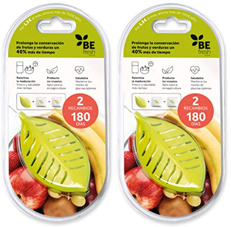 BEfresh HOME - Frutas y verduras FRESCAS durante un 40% más de TIEMPO | Para uso dentro y fuera de la nevera | Pack de 1 año | 2 Recipientes + 4 Sachets | Made in Spain