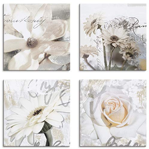 ARTLAND Wanddeko Blumenbilder Leinwand Bilder Set 4tlg. je 40x40 cm Quadratisch Wandbilder Natur Blumen Weiß Magnolie Gerberas Rosen in Buchstaben K2UD