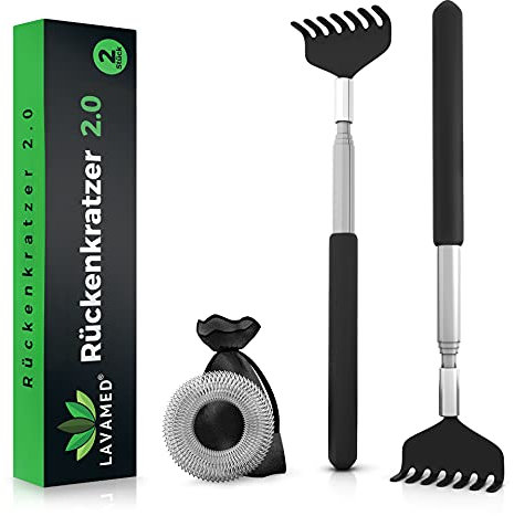 LAVAMED® Set de 2 rascadores de espalda y cabeza, con mango telescópico de acero - mano rascadora extensible.