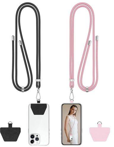 COCASES Handyband Universal zum Umhängen- 2 Stück Handyband aus Nylon kompatibel mit jeden Smartphones, Handygurt Umhängenband mit Kordel (Schwarz/Pink)