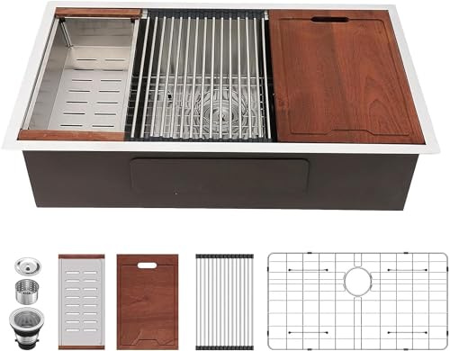 Lordear 32 Undermount Workstation Kitchen Sink - 32 x 19 x 10 inch Undermount Sink Workstation Ledge R10 Tight Radius Deep Single Bowl 16 Gauge Stainless Steel Kitchen Sink Basin
