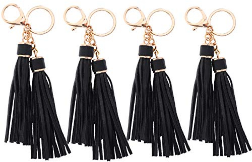 PAMIR TONG 5.9'' Black Leather Tassel for Purse with Golden Metal Caps 4sets Lobster Swivel Keychain Tassels for Handbag Phone Car Key Jewelry DIY Crafts Jewelry Making