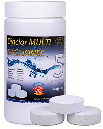 Cloro para Piscinas DIACLOR Multi 5 ACCIONES 1 KG - 5 Pastillas de Cloro Lento (200 gr- 7,5 cm Diámetro) - Tratamiento Completo 5 Efectos - SIN Cobre -