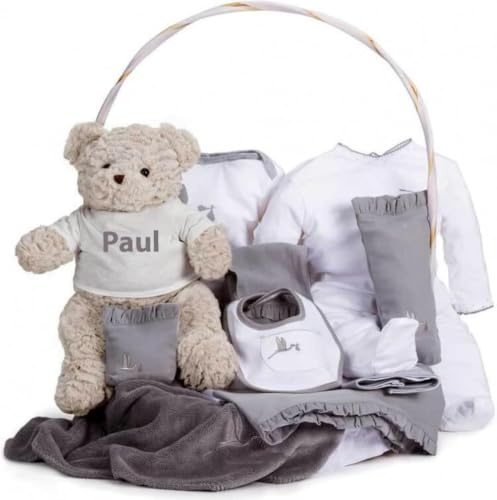 BebeDeParis | Originelle Geschenke für Neugeborene | Klassisches Geschenk für Babys | Personalisierte Geschenkkorb | 3-6 Monate (Grau)