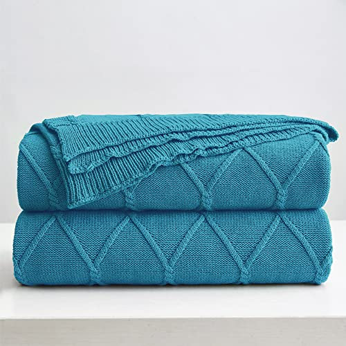 Longhui bedding 100% Cotton Lake Blue Lightweight Cable Knit Throw Blanket with Bonus Laundering Bag for Couch Sofa Bed – 50 x 63 Inch, Machine Washable, Home Décor, Teal