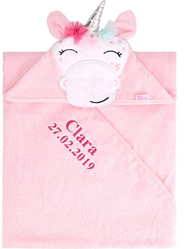 Be Mammy Kapuzenhandtuch Babyhandtuch aus Baumwolle Bestickt mit Name und Geburtsdatum 95cm x 95cm BE20-282-BBL (Rosa - Einhorn)