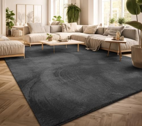 TT Home Teppich Wohnzimmer Kurzflor Anti-Rutsch Rückseite Einfarbiges Design Waschbar, Farbe:Anthrazit, Größe:300x400 cm