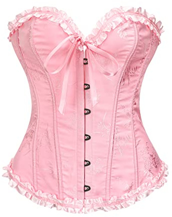 YUNAR Women's Beautiful Floral Lace Up Boned Overbust Corset Bustier Lingerie Bodyshaper Top, Pink, Medium