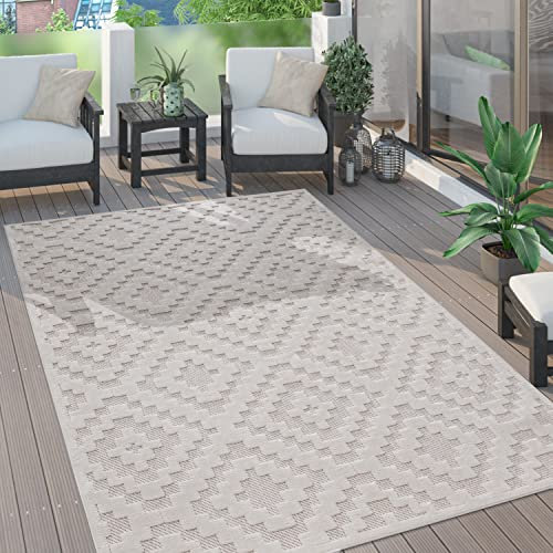Paco Home Outdoor Teppich wetterfest & langlebig Moderne Boho-Designs mit 3D-Effekt Skandi-Look UV-beständig & robust für Balkon, Garten, Wohnzimmer & Küche, Grösse:200x280 cm, Farbe:Creme 2