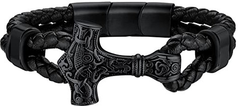 FaithHeart Nordischer Thors Hammer Lederarmband Viking Mjölnir Armband Punk Retro Wikinger Armreif mit Magnet Verschluss für Herren Männer