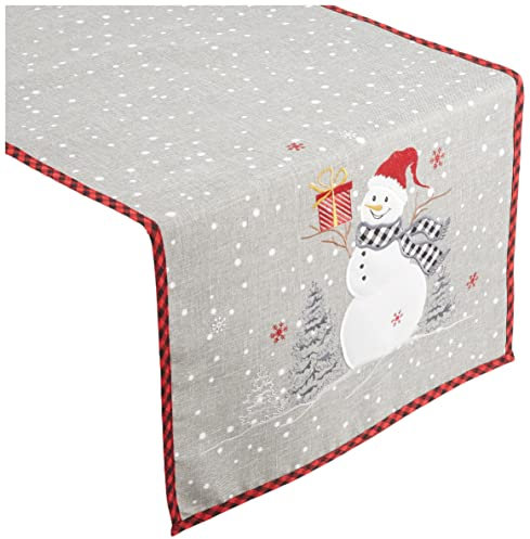 texpot Tischläufer 40 x 85 cm Hellgrau mit Stickerei Schneemann Winter Advent Weihnachten