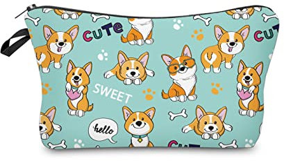 Trousses de Toilettes en Toile Mini Sac à Main Fermeture éClair Trousse de Maquillage Pochette Maquillage de Voyage pour Femmes Et Filles Motif Chien Vert Organiseur de Poche