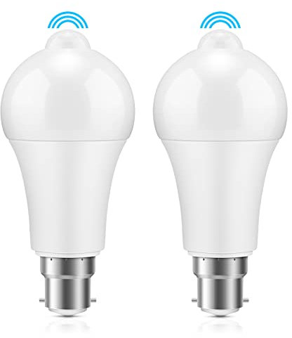 ZONJIE PIR Motion Sensor LED Bulb - 2 Pack- B22 Sensor Bulb 12W- Bayonet Light Bulbs Cool White 6000K Auto On/Off - Equivalent 100w - Motion Light Bulbs for Garage Corridor Basement