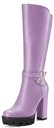 Castamere Donna Chunky Blocco Alto High Tacco Heel Chiusa Rotonda Punta Metà polpaccio Cerniera Fibbia Ufficio Classico Stivali Viola 36 EU
