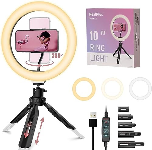 RealPlus 10 Ringlicht mit Stativ Handy, Geschenk für Frauen, Ringlicht Handy & Kamera Stativ, 3 Lichteffekten & 10 Einstellbarer Helligkeit, für Selfie,Video,Make-up,Tiktok,Streaming Licht,Verpackung