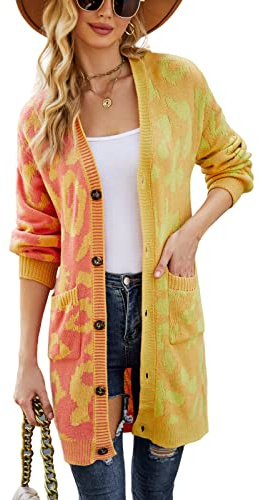 HEYPORK Damen Herbst Winter Warm Bequem Jacke Casual Mode übergangsjacke Mantel Frauen Leopardenmuster Pullover Strickpullover Strickjacke Mittellange Jacke