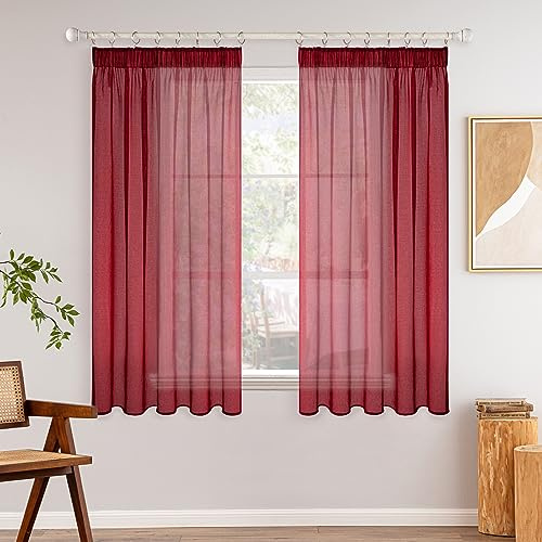 MIULEE Gardinen mit Kräuselband, Rot Transparent, 2er Set 140 x 145 cm | Farbiger Transparenter Voile Vorhang mit Kräuselband, Ideal für Wohnzimmer, Schlafzimmer, Modernes Wohnaccessoire