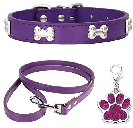HALFSUMO Hundehalsband Leder Halsband Hundeleine Combo Set Hundehalsbänder Verstellbares Welpenhalsband für Kleine Mittelgroße Hunde Katzen Lila S
