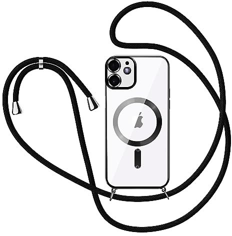 TVVTPU Handykette für iPhone 12 Hülle mit Band, Magnetisch Handyhülle kompatibel mit Magsafe, Transparent Anti-Vergilbung Stossfest Schutzhülle mit Kette zum Umhängeband, Schwarz