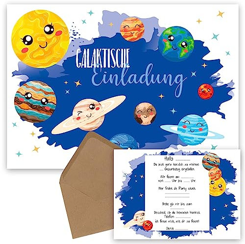 OWLBOOK Einladung Universum mit Planeten 10 Einladungskarten Kindergeburtstag Weltraum Junge Mädchen Kinder - Einladungskarten Planeten - Einladung Geburtstag Astronaut Weltall - zum Ausfüllen mit