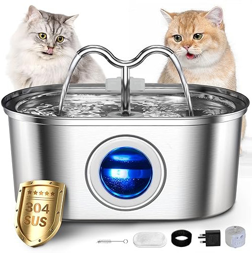 Cat Water Fountain for Drinking, 3.2L Stainless Steel Water Fountain Cat Bowl, Quiet Pets Drinking Fountain with LED 𝗪𝗮𝘁𝗲𝗿 𝗟𝗲𝘃𝗲𝗹 𝗪𝗶𝗻𝗱𝗼𝘄 for Multiple Pets