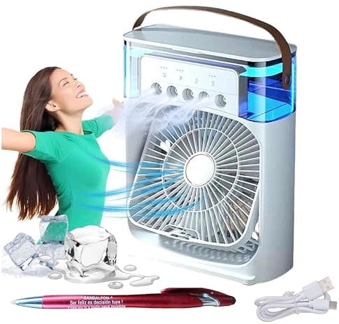 SANDALFON Acondicionador aire luz 7 colores Además incluye un Bolígrafo personalizado pantallas táctiles Ventilador Refrigeración humidificador 5 pulverizadores y 3 velocid USB uso hogar, oficina o do