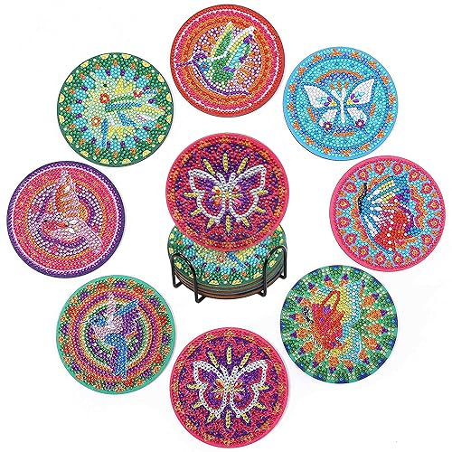 KOXXIAMOQ Diamond Art Coasters Set of 8, 5D Diamond Crafts Painting Coasters, Bird DIY Diamond Art Painting Kits for Adults Kids, Round Drink Coasters for Coffee Beer Tea Cup Mug Car Drinks(5)