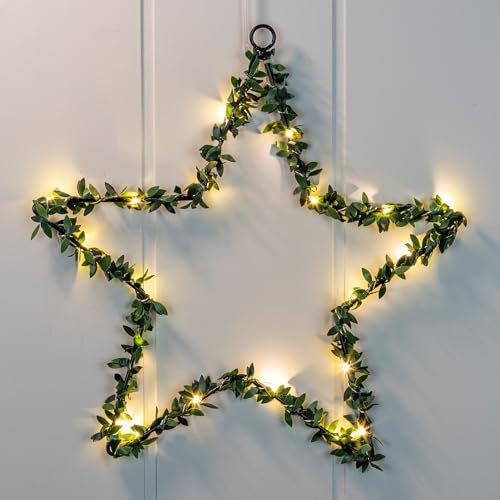 Fensterbild Stern mit 20 LED - mit Buchsbaum Dekor - Fenster Silhouette warm weiß beleuchtet - Weihnachtsdeko Advent Winter Weihnachten Fensterdeko Batterie betrieben mit Timer