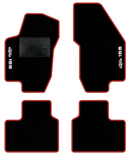 QUEMAR Fußmatten für Alfa Romeo 156 (Rand Rot, 2 Stickereien) | 1997-2007 / Kit Teppiche aus Velours und Gummi nach Maß / Set 2 vorne + 2 hinten / Personalisierte Stickereien und Farben