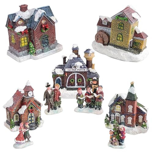 DRULINE Beleuchtetes Weihnachtsdorf-Set: 9-teilige Keramik Weihnachtshäuser, Zauberhaftes Winterdorf für Festliche Dekoration – Detailreiche häuser Perfekt für Festliche Weihnachtslandschaft