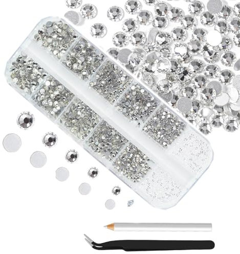 Pack of 4200 White Crystal Rhinestones, Nail Gemstones, Silver Round Flatback Stones, Assorted, SS6-SS20 to K9 Glass, Silver Nail Crystals, Jewels, Nail Art, Nail Charms for Nails, Eyes, Face, DIY