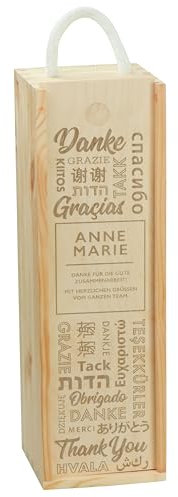 LAUBLUST Weinbox aus Holz für eine Flasche - Weinkiste als Geschenkbox personalisiert mit Gravur | Danke Motiv - ca. 36x11x10cm | Holzkiste für Weinflasche, Seil Tragegriff - FSC®