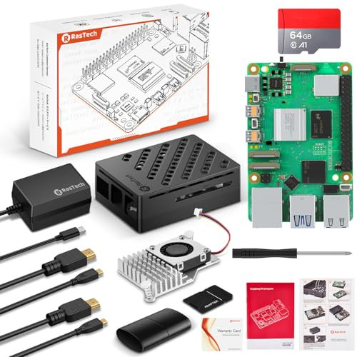 RasTech Raspberry Pi 5 8GB Kit 64GB Edition con Active Cooler, alimentazione USB-C da 27W 5.1V5A, scheda Pi5 8GB, kit lettori di schede da 64GB, custodia Pi 5, cavi di uscita Dual 4K Micro HD